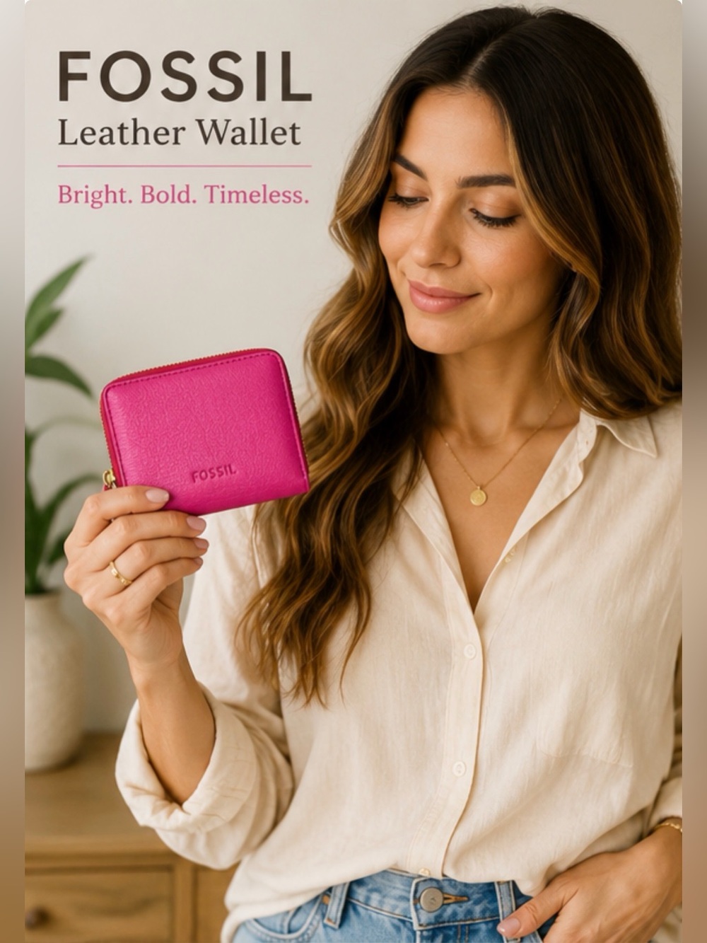 Fossil Pink Leather‎ Wallet Zip Around Bifold Compact Wallet